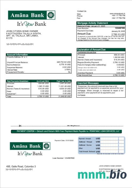 Sri Lanka Amana Bank wyciąg z kredytu hipotecznego w formatach Word i PDF
